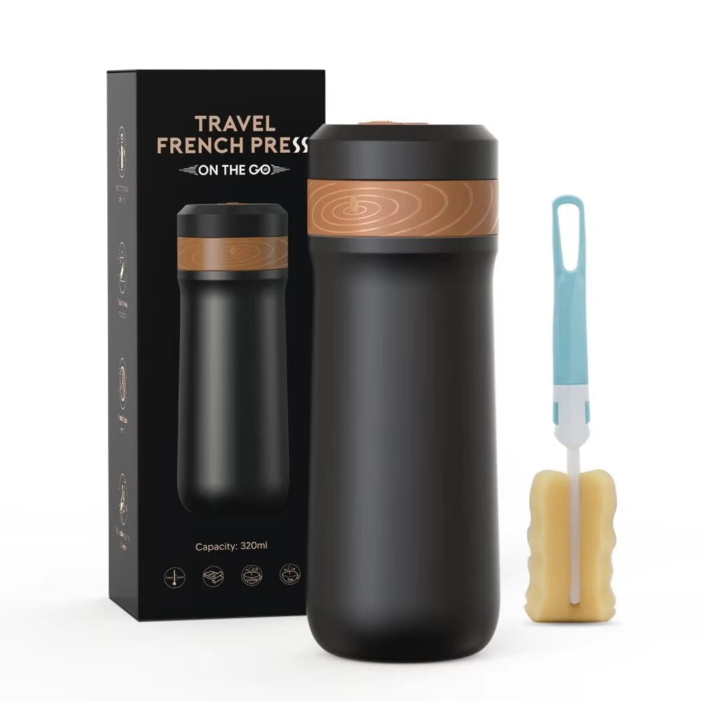 Portable French Press Pot 320Ml Travel Coffee Maker Stainless Steel Double-Walled Coffee Tea Bottle & Plastic Coffee Pot
