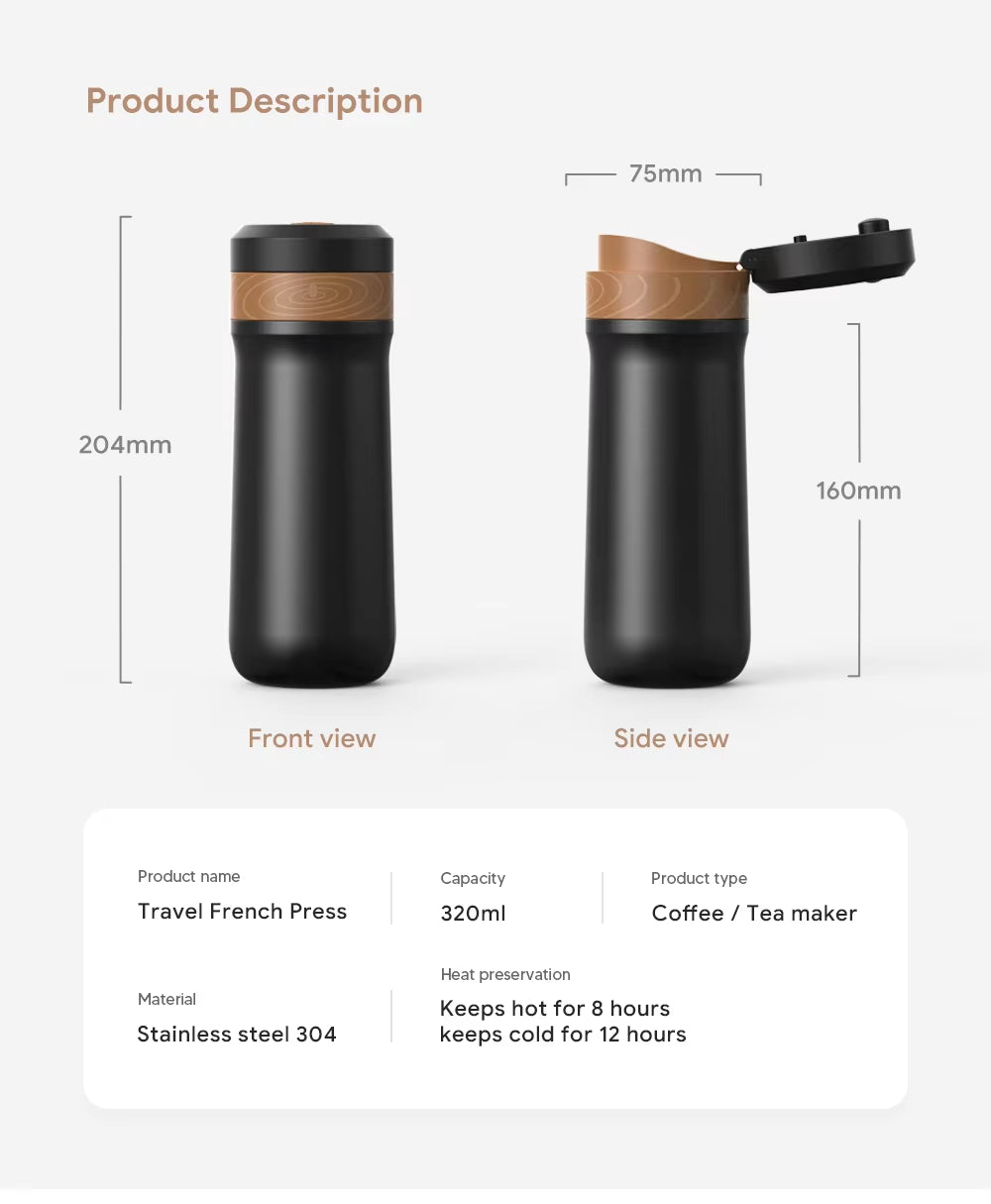 Portable French Press Pot 320Ml Travel Coffee Maker Stainless Steel Double-Walled Coffee Tea Bottle & Plastic Coffee Pot