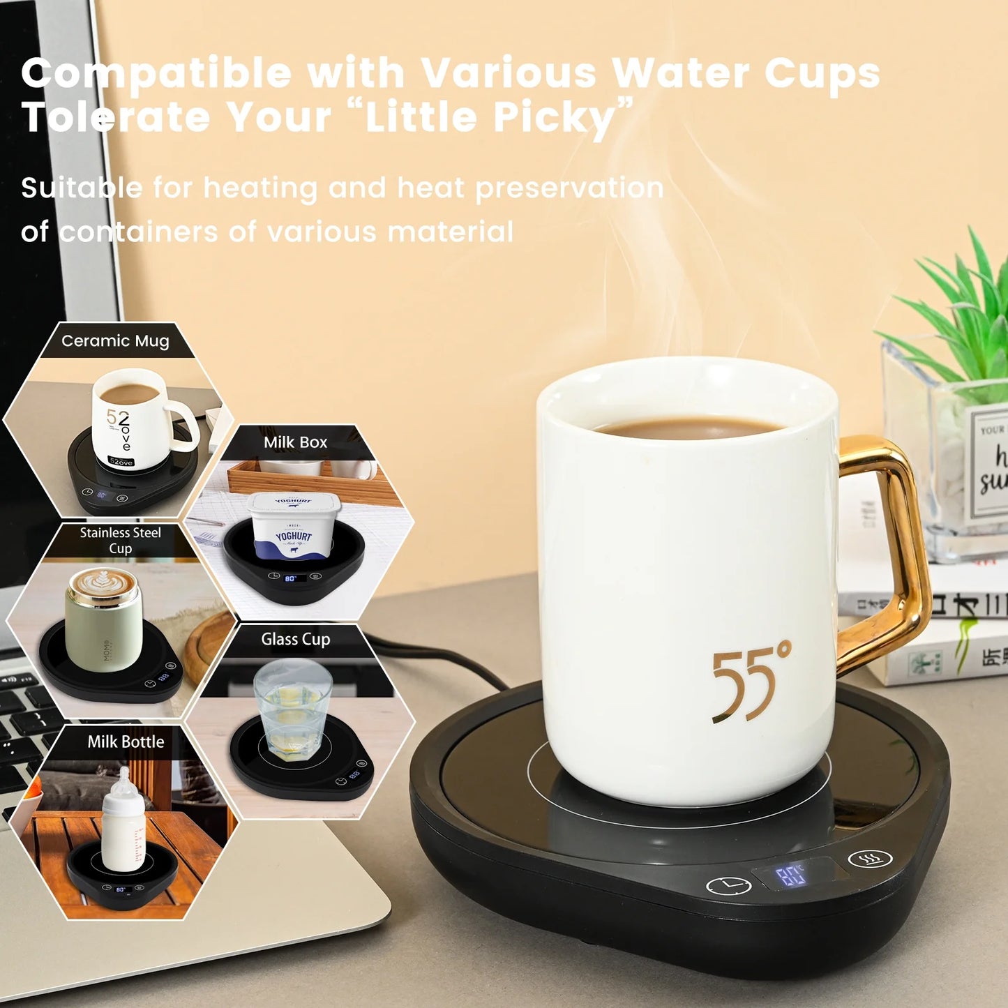 Black Coffee Mug Warmer, Cup Warmer with 3-TEM Settings, 2H-12H Auto Shut off Electric Cup Warmer with Digital Display for Desk Office Home Use, for Coffee/Milk/Tea/Beverage