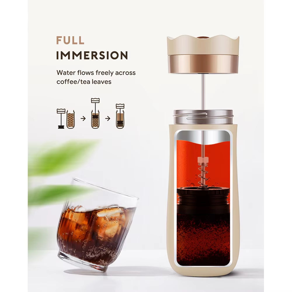 Portable French Press Pot 320Ml Travel Coffee Maker Stainless Steel Double-Walled Coffee Tea Bottle & Plastic Coffee Pot