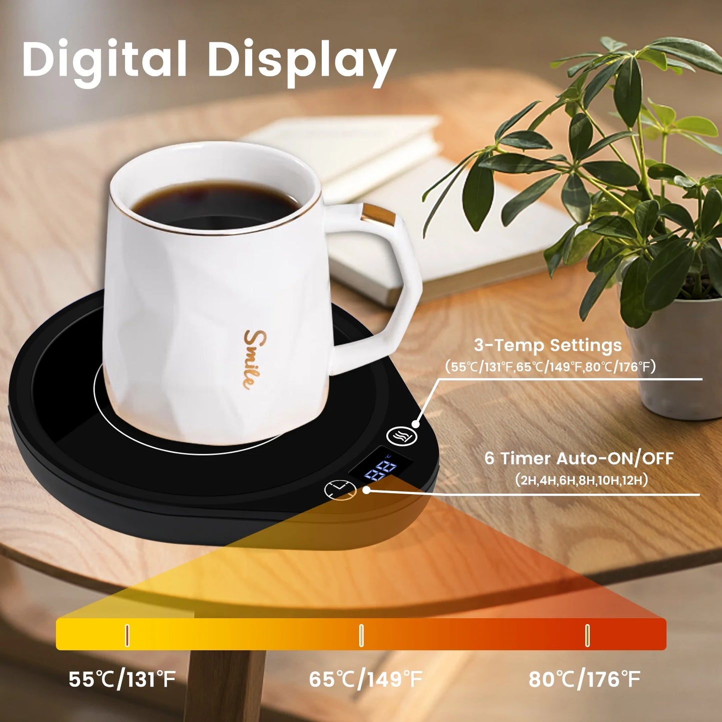 Black Coffee Mug Warmer, Cup Warmer with 3-TEM Settings, 2H-12H Auto Shut off Electric Cup Warmer with Digital Display for Desk Office Home Use, for Coffee/Milk/Tea/Beverage