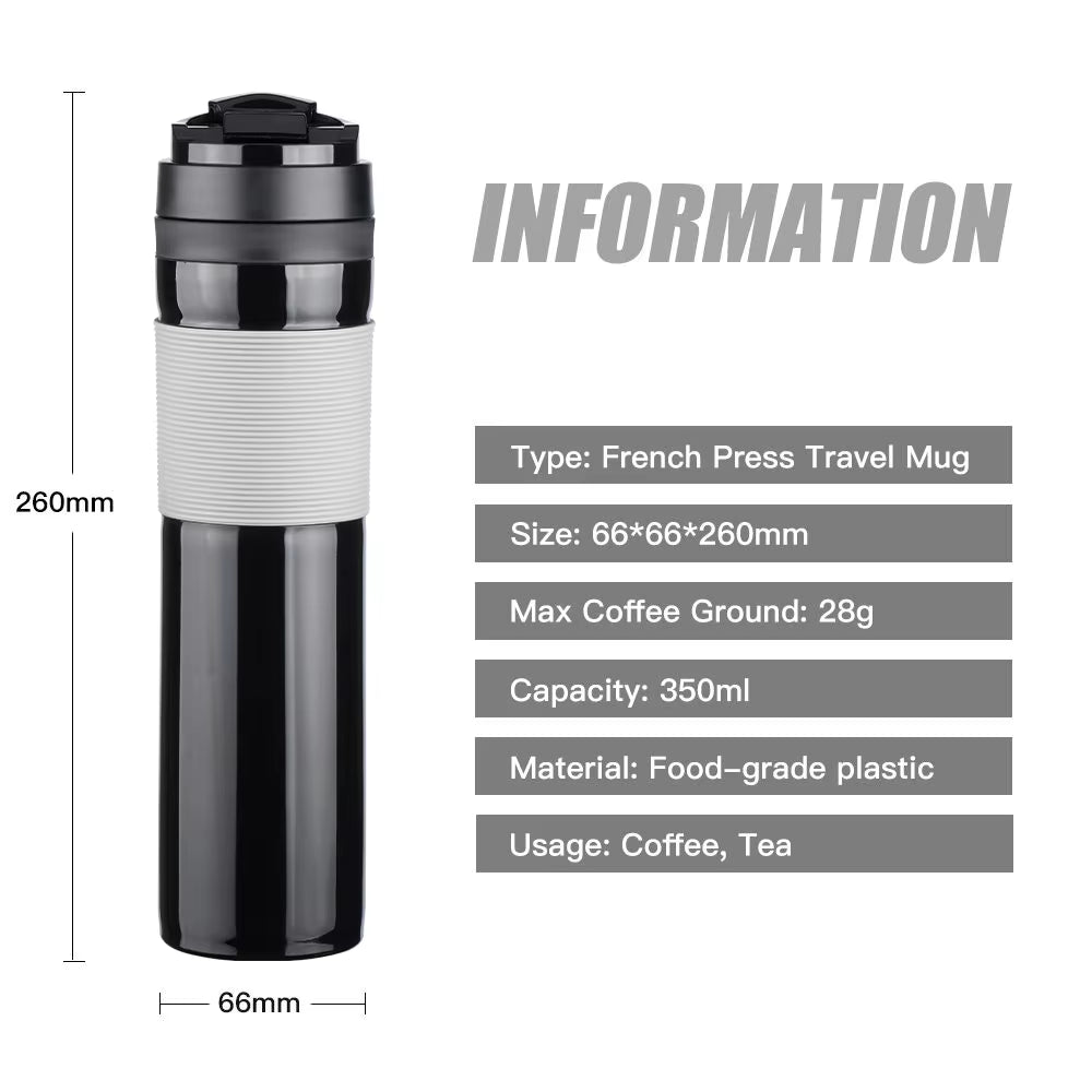 Portable French Press Pot 320Ml Travel Coffee Maker Stainless Steel Double-Walled Coffee Tea Bottle & Plastic Coffee Pot