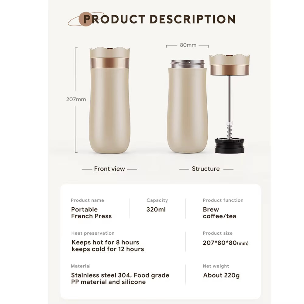 Portable French Press Pot 320Ml Travel Coffee Maker Stainless Steel Double-Walled Coffee Tea Bottle & Plastic Coffee Pot