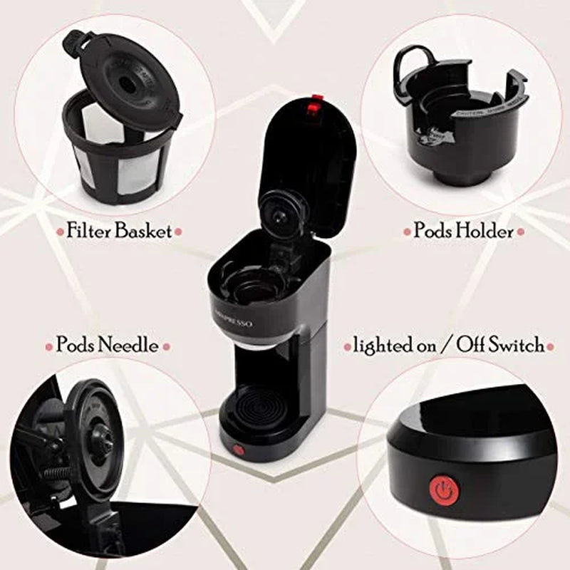 2 in 1 Single Serve Coffee Machine Mini Coffee Maker Compact K Cup Compatible, Black 14 Oz