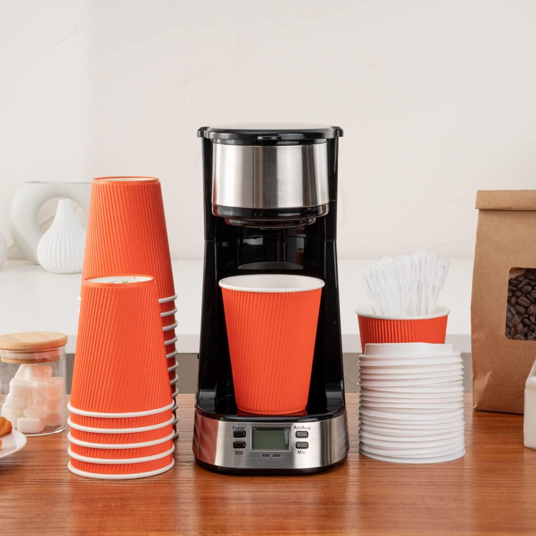 -12 Ounce Disposable Coffee Cups, 25 Double Wall Hot Cups for Coffee - Lids Sold Separately, Rolled Rim, Orange Paper Insulated Coffee Cups, for Hot Coffee, Tea, and More