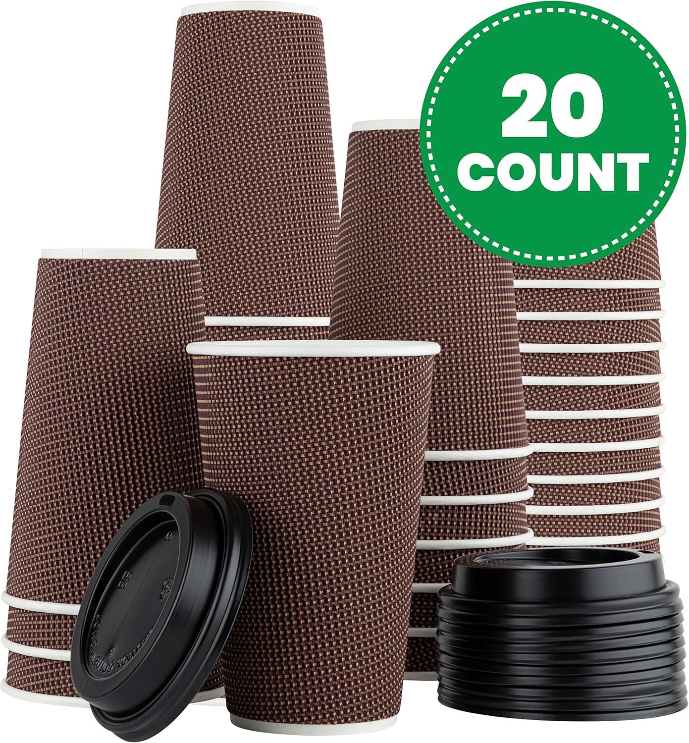 [20 Sets - 16 Oz.] Insulated Rippled Double Wall Paper Hot Espresso Coffee Cups with Lids, Brown