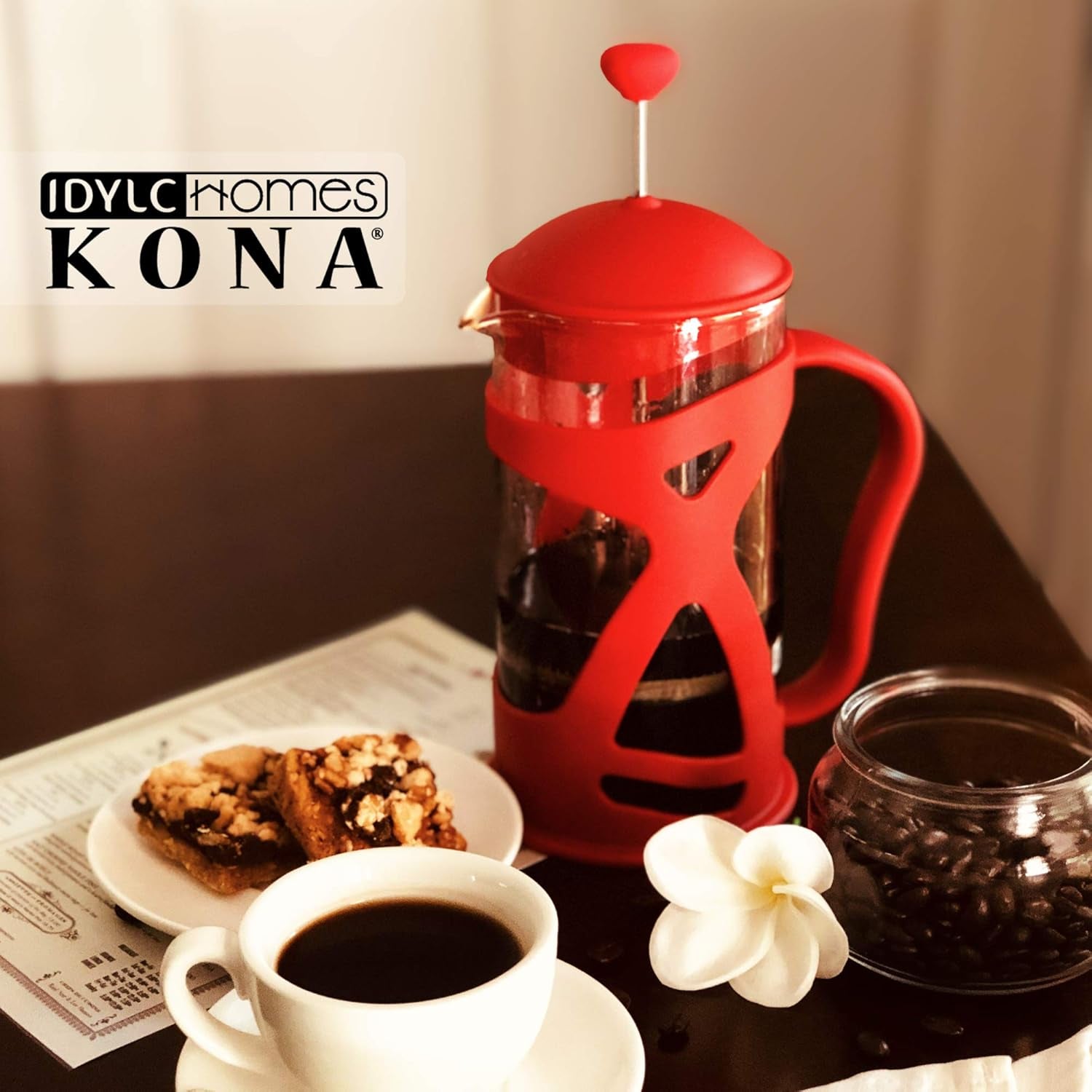 KONA French Press Red Coffee Maker with Reusable Stainless Steel Filter, Large Comfortable Handle & Glass Protecting Durable Shell