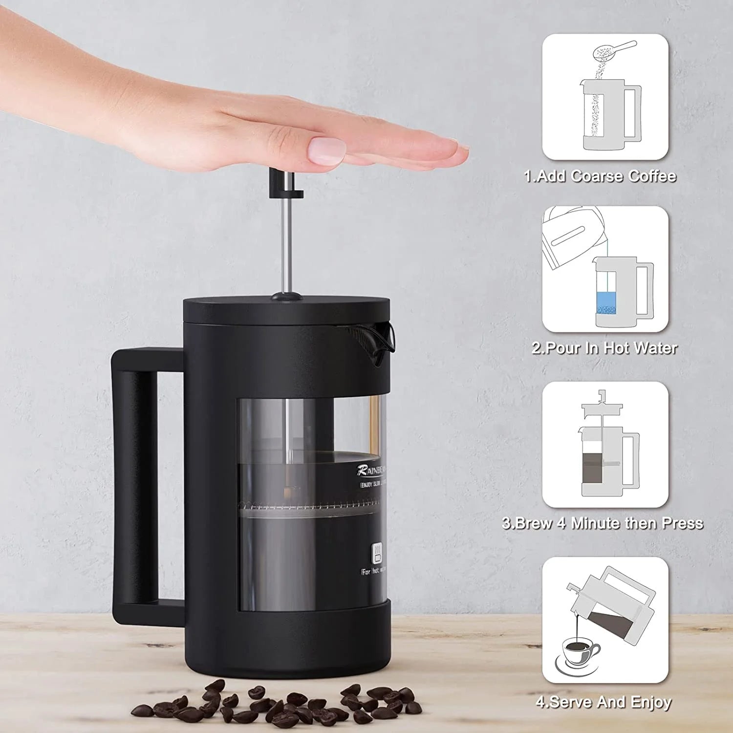 French Press Coffee Maker, Camping Heat Resistant Thickened Glass Coffee Maker, Rust Free, Dishwasher Safe (12 Oz)