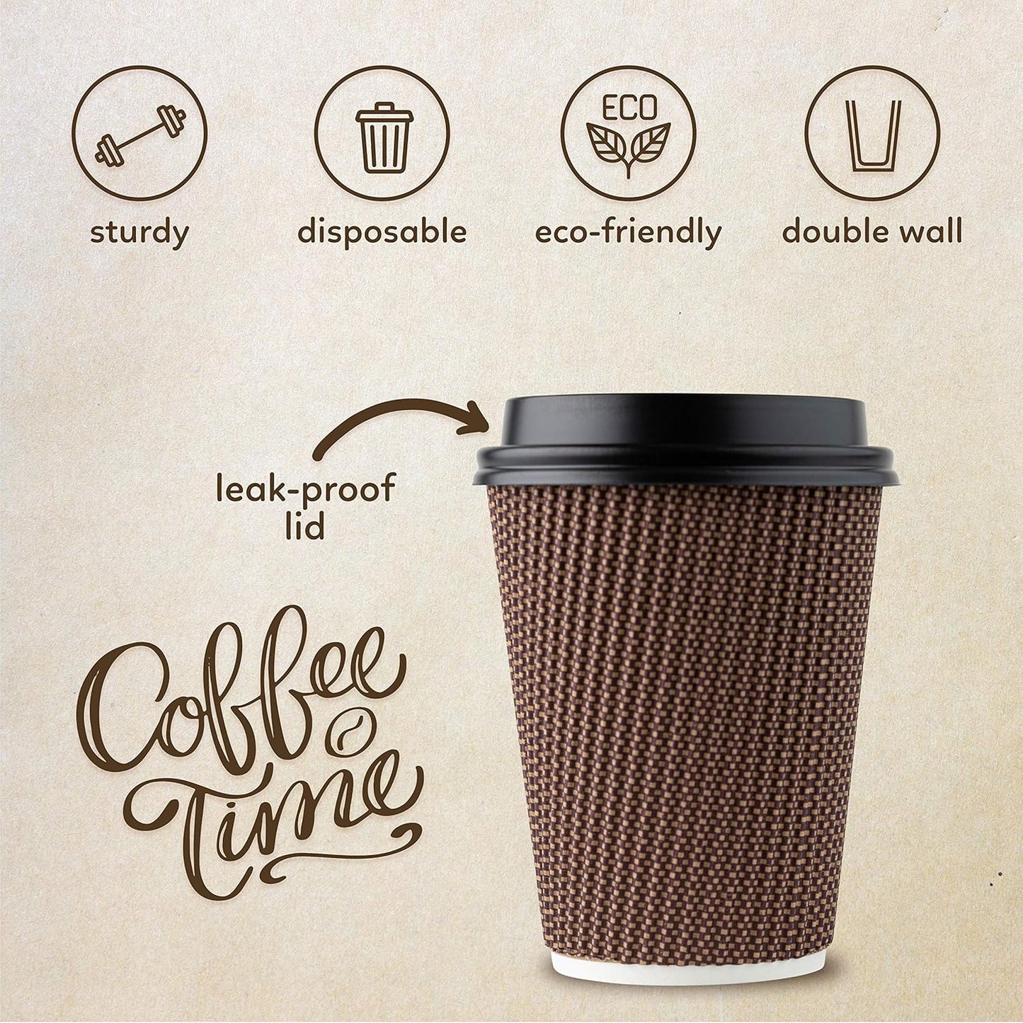 [20 Sets - 16 Oz.] Insulated Rippled Double Wall Paper Hot Espresso Coffee Cups with Lids, Brown