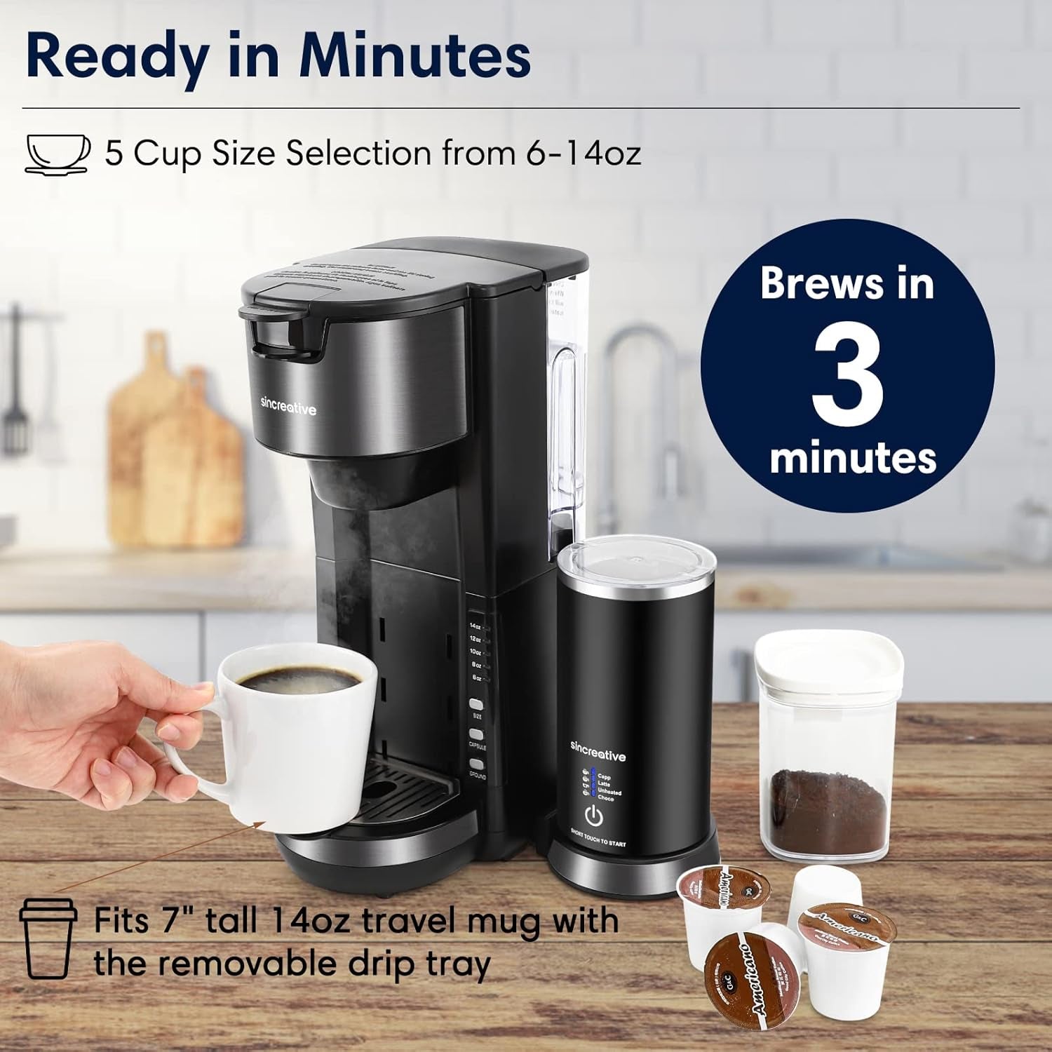 KCM207 2 in 1 Single Serve Coffee Maker Cappuccino Machine W/Milk and Chocolate Frother, 5 Height Adjustable for Cups from 6 to 14 Ounces