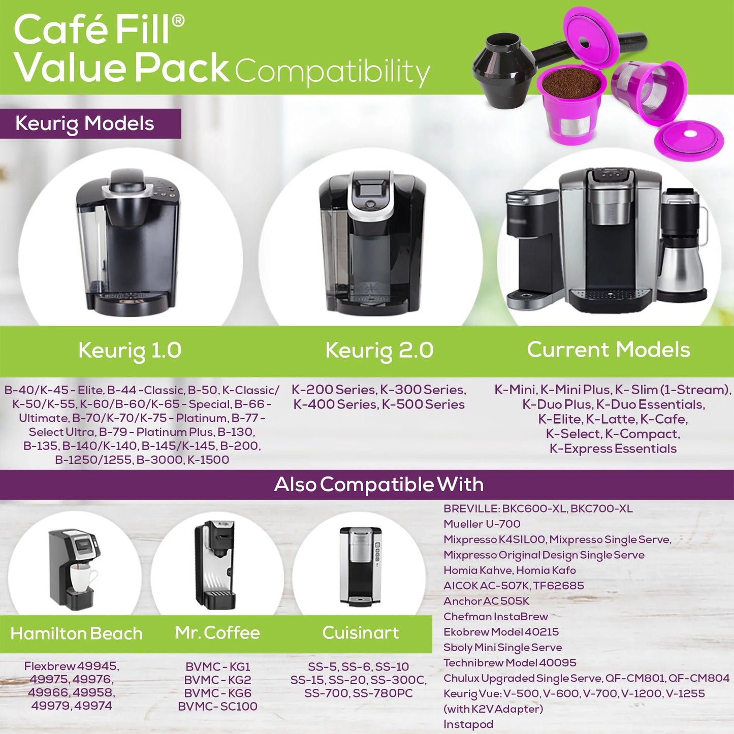 Cafe Fill Value Pack Reusable K-Cup Coffee Filter Pod (2 Pack) with Ez-Scoop W Built in Funnel. Works with Keurig and Single Serve 1 Stream Coffee Brewers