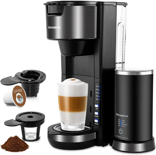 KCM207 2 in 1 Single Serve Coffee Maker Cappuccino Machine W/Milk and Chocolate Frother, 5 Height Adjustable for Cups from 6 to 14 Ounces