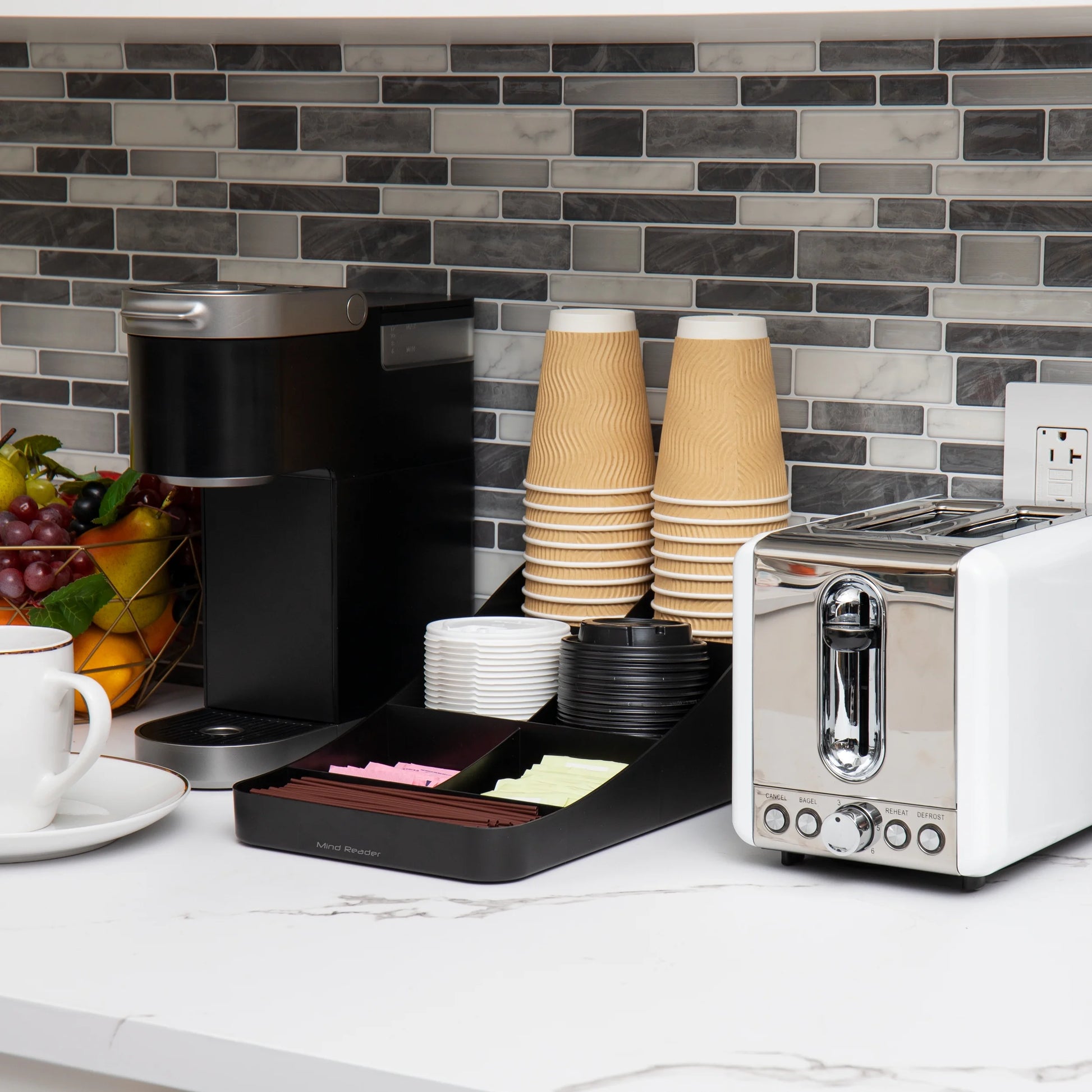 Cup and Condiment Station, Countertop Organizer, Coffee Bar, Black