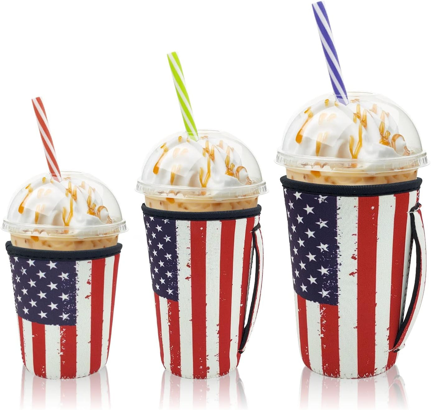 Iced Coffee Sleeve Insulator Sleeves for Cold Drinks Beverages, 3 Pack Reusable Neoprene Cup Sleeve with Handle for 16-32Oz Coffee Cups(American Flag)