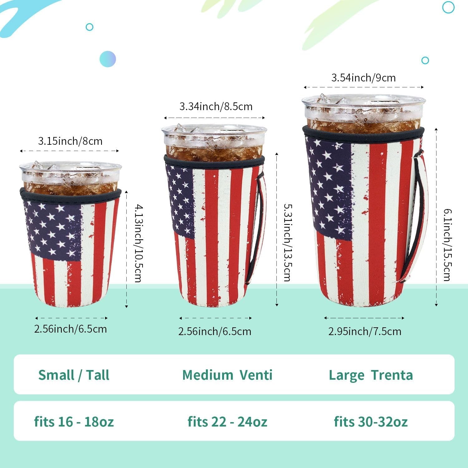 Iced Coffee Sleeve Insulator Sleeves for Cold Drinks Beverages, 3 Pack Reusable Neoprene Cup Sleeve with Handle for 16-32Oz Coffee Cups(American Flag)