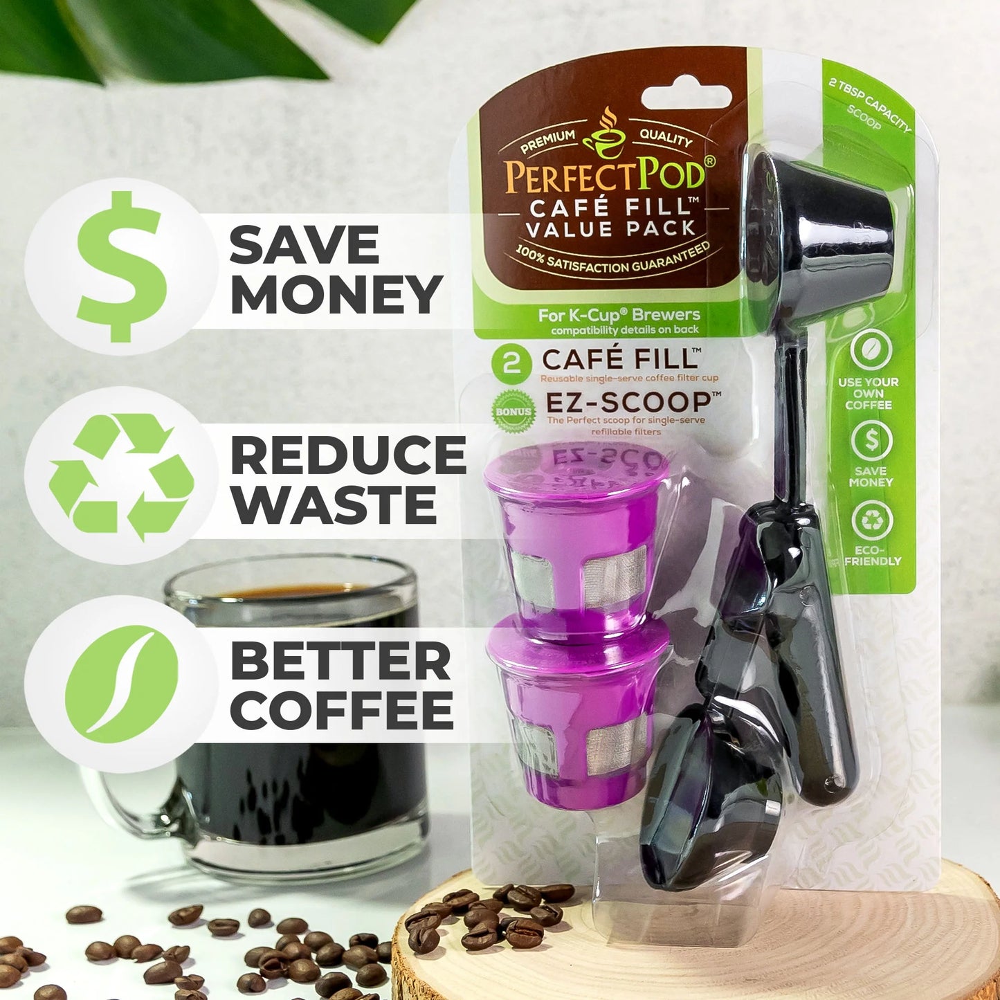 Cafe Fill Value Pack Reusable K-Cup Coffee Filter Pod (2 Pack) with Ez-Scoop W Built in Funnel. Works with Keurig and Single Serve 1 Stream Coffee Brewers