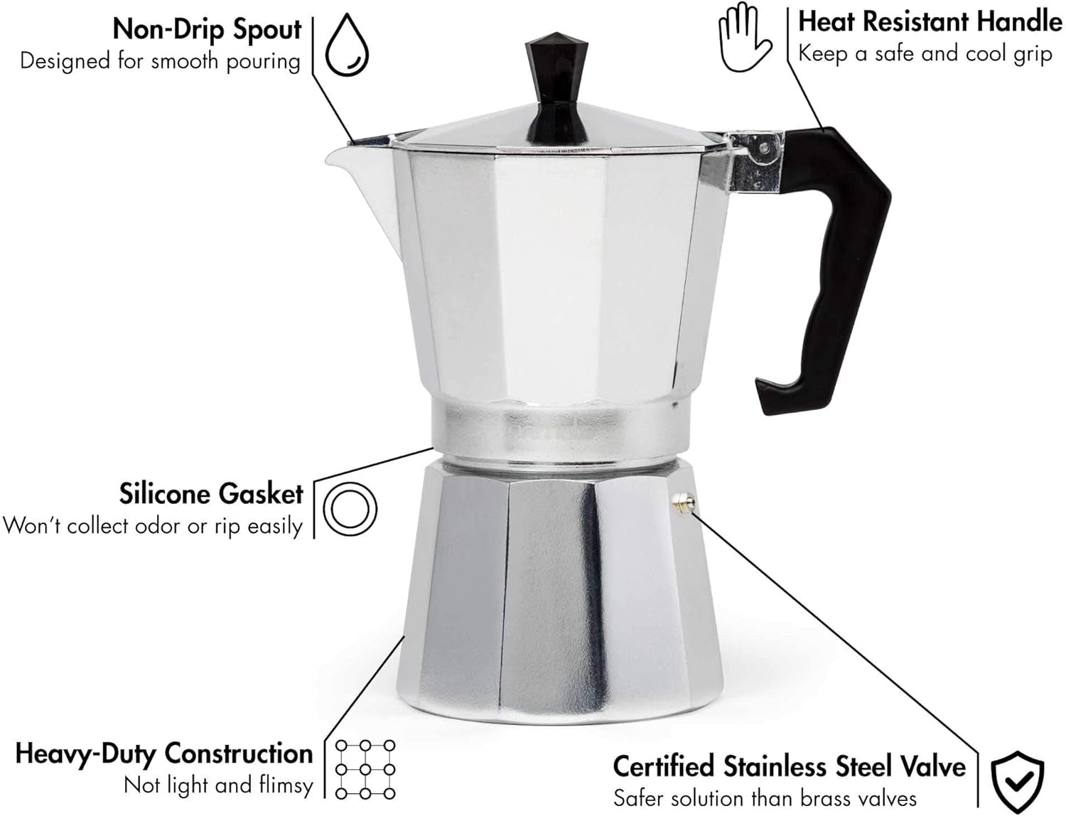 Classic Stovetop Espresso and Coffee Maker, Moka Pot for Italian and Cuban Café Brewing, Greca Coffee Maker, Cafeteras, 6 Espresso Cups, Silver