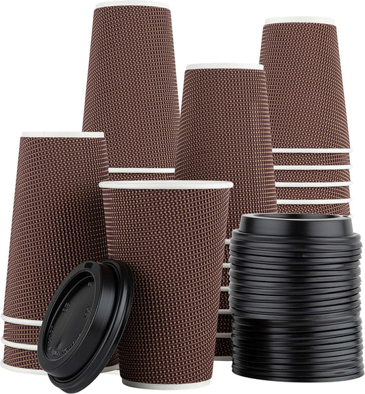 [20 Sets - 16 Oz.] Insulated Rippled Double Wall Paper Hot Espresso Coffee Cups with Lids, Brown