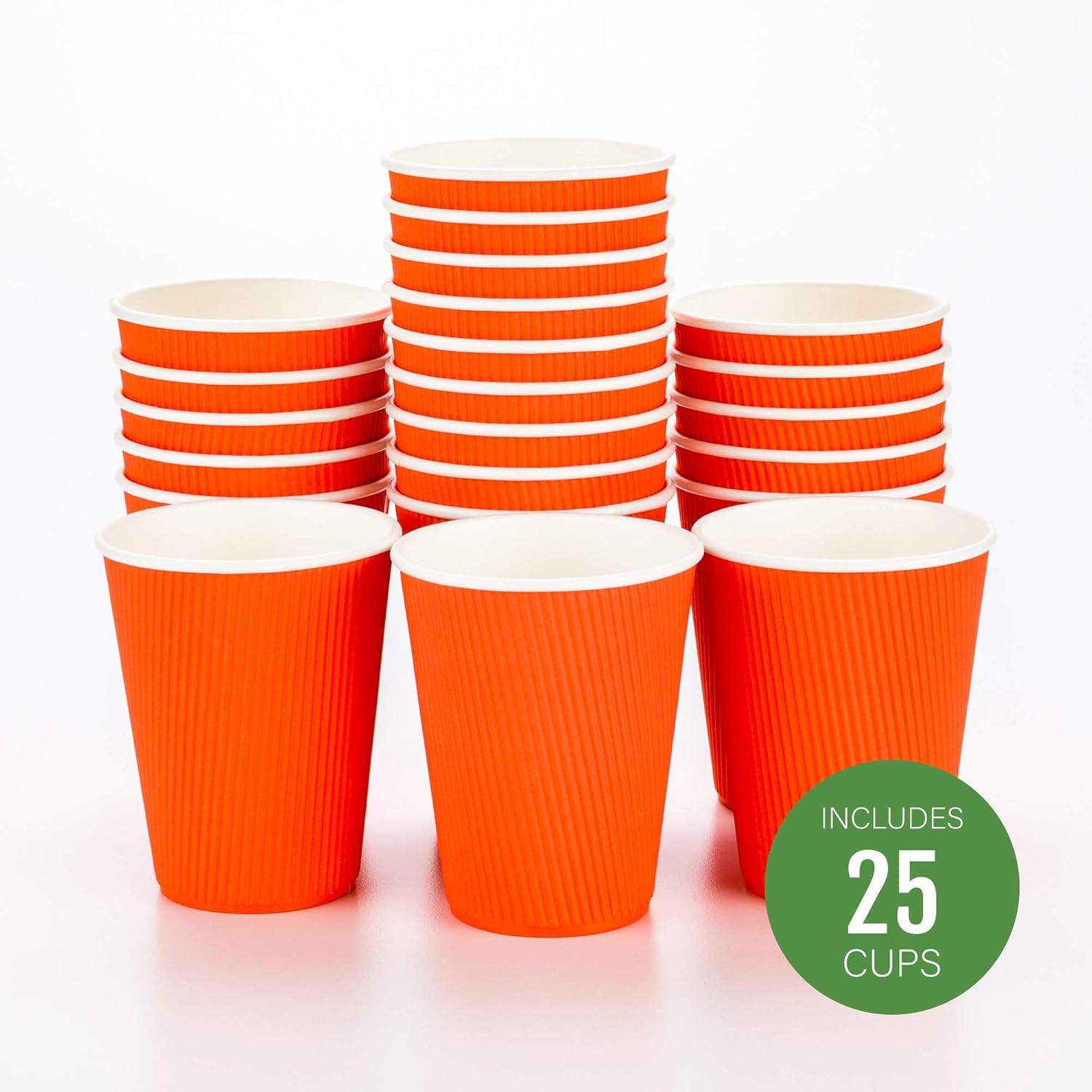 -12 Ounce Disposable Coffee Cups, 25 Double Wall Hot Cups for Coffee - Lids Sold Separately, Rolled Rim, Orange Paper Insulated Coffee Cups, for Hot Coffee, Tea, and More