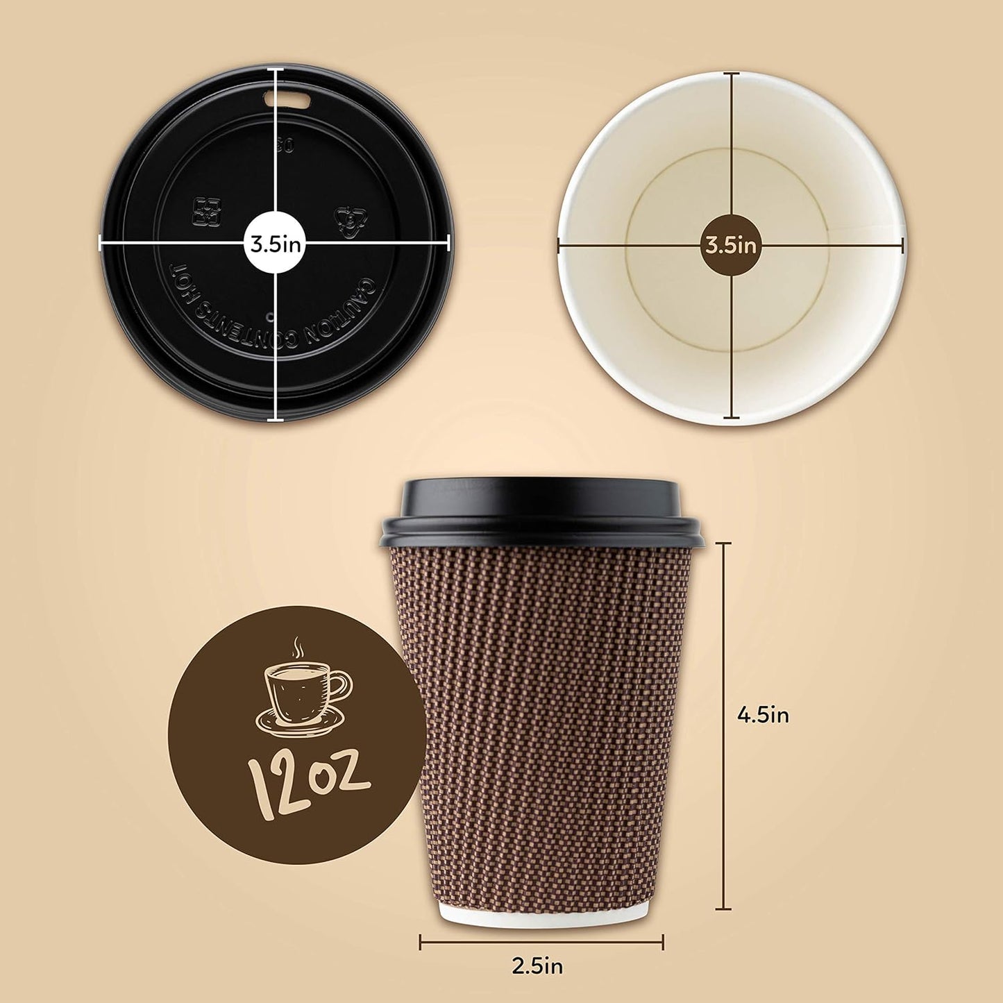 [20 Sets - 16 Oz.] Insulated Rippled Double Wall Paper Hot Espresso Coffee Cups with Lids, Brown