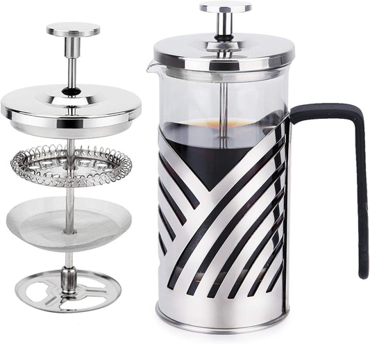 French Press Coffee Maker, 304 Stainless Steel Coffee Press & Tea Maker, Portable Glass Coffee Press with 4 Filter Screens 12Oz/350Ml, Ideal for Camping Travel