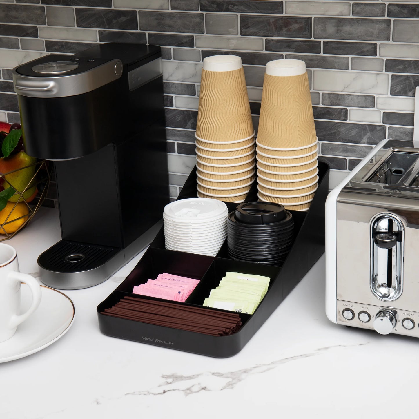 Cup and Condiment Station, Countertop Organizer, Coffee Bar, Black