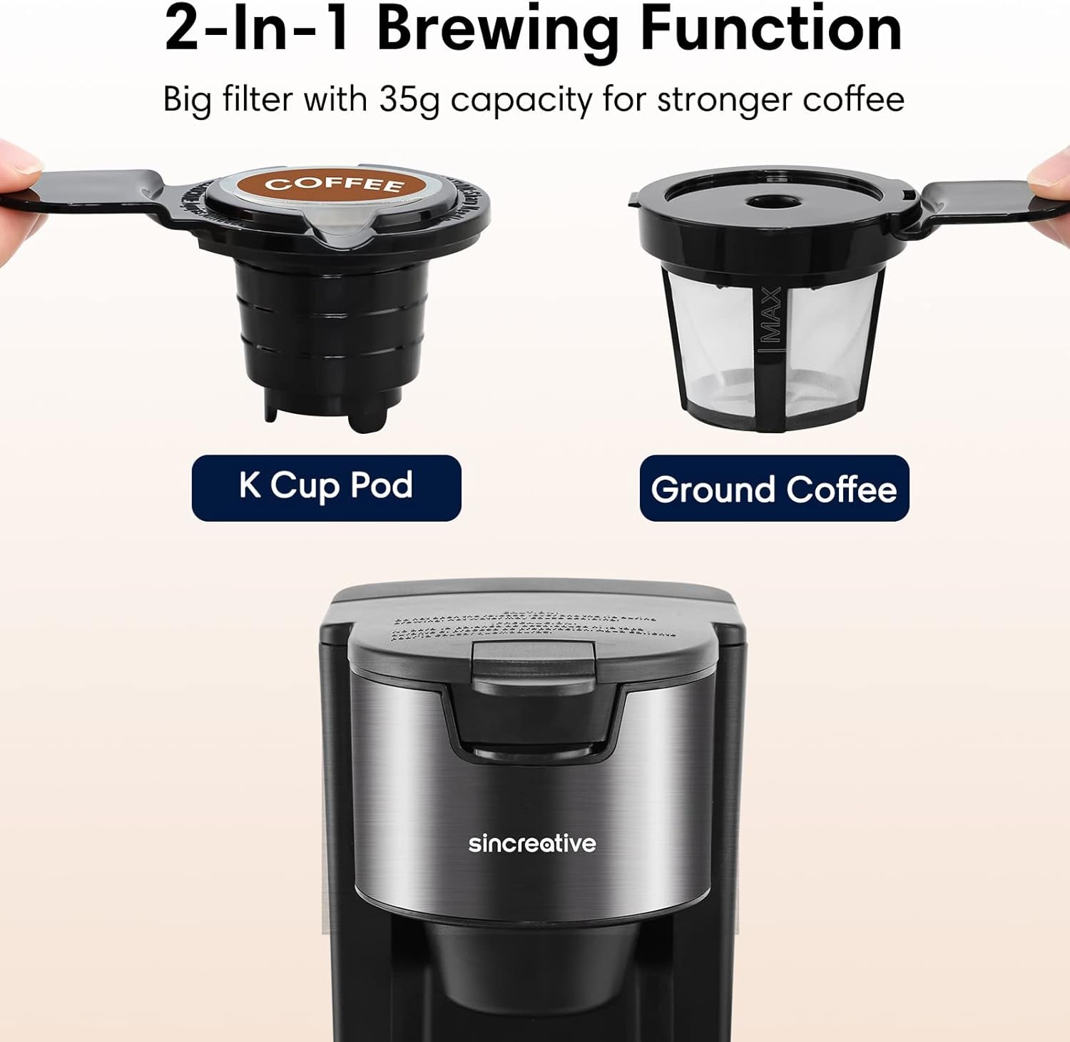 KCM207 2 in 1 Single Serve Coffee Maker Cappuccino Machine W/Milk and Chocolate Frother, 5 Height Adjustable for Cups from 6 to 14 Ounces